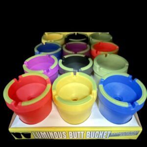 Glow-in-the-dark car ashtray with lid, assorted colors, fits most cup holders, sold in a 12-piece display.